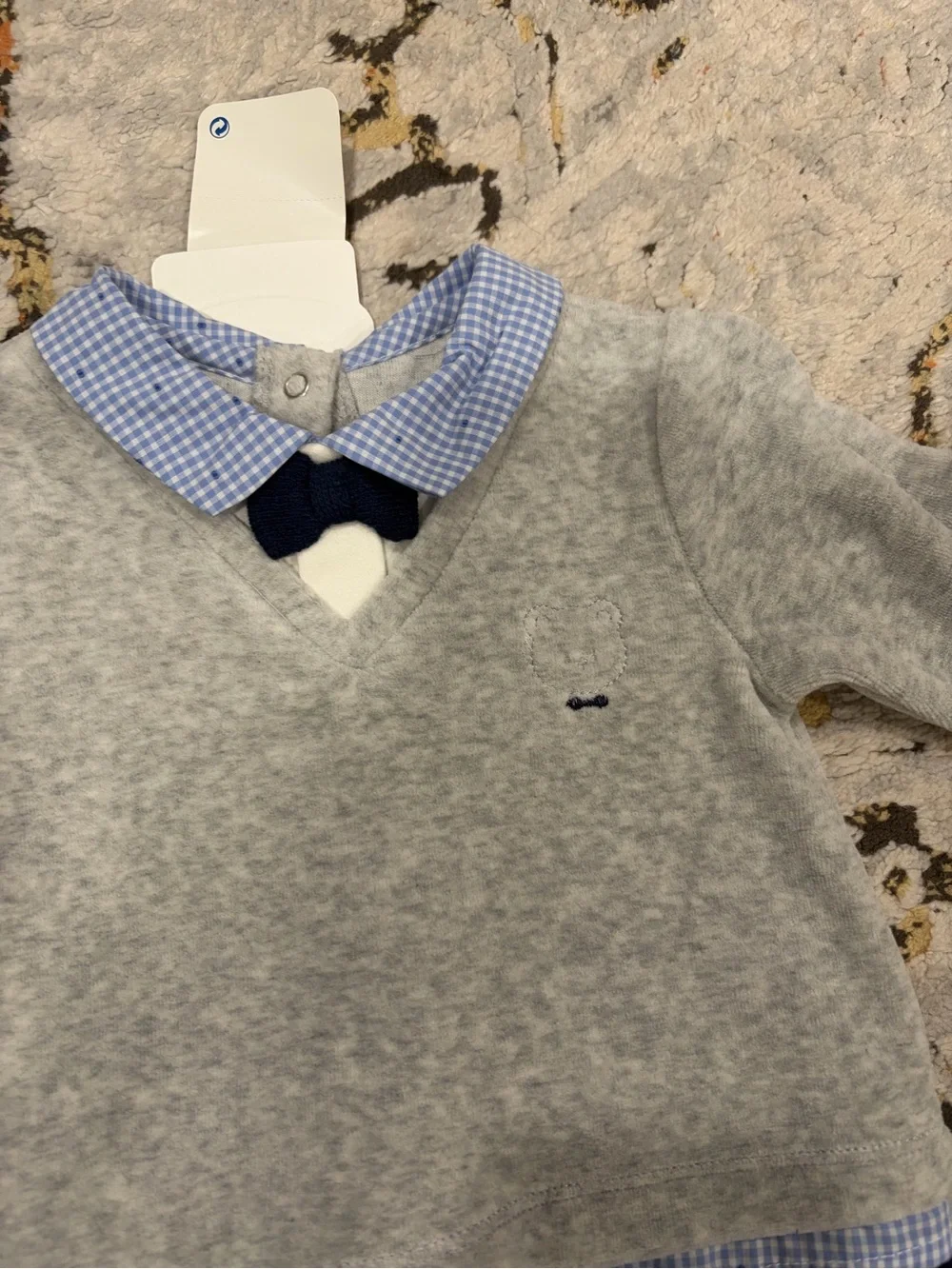 NWT Mayoral Velour Grey and Blue One-Piece with Gingham Collar, 6-9 months